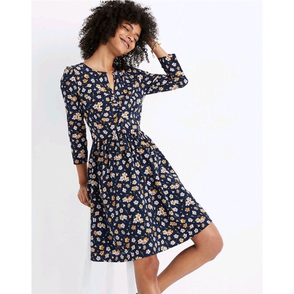 Madewell Tie Sleeve Button Front Blue Daisy Floral Mini dress Sz M Keyhole Silk